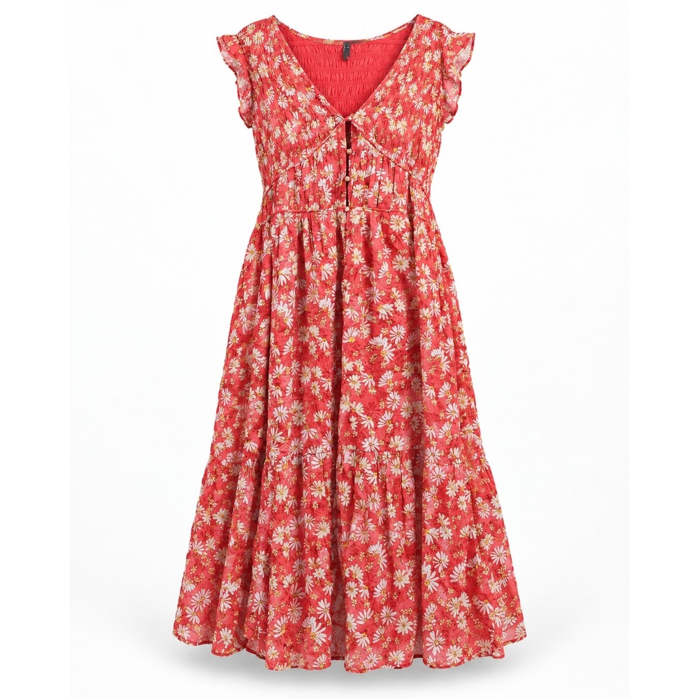 Anthropologie Red Daisy Floral Midi Dress 3X Cotton Smocked Tiered Boho Flutter